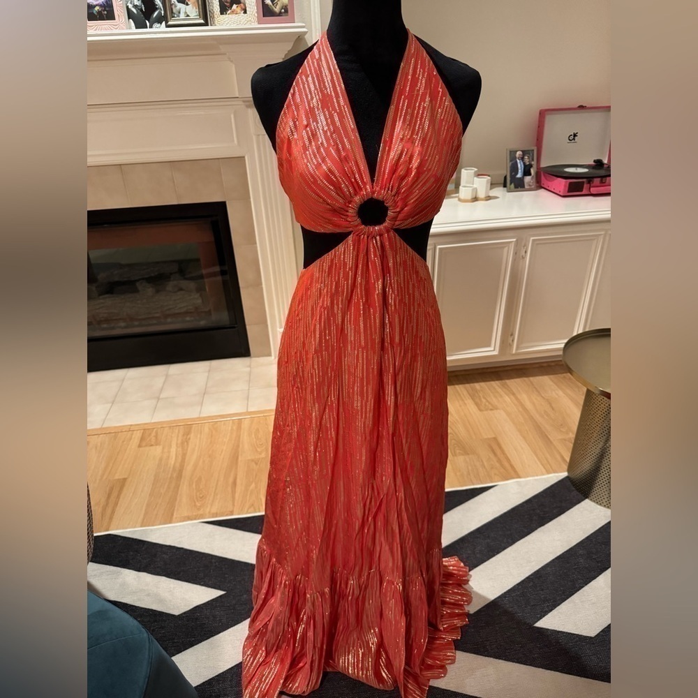 PATBO Metallic Lurex Orange Sleeveless Cutout Halter Maxi Dress Size 4 VGUC